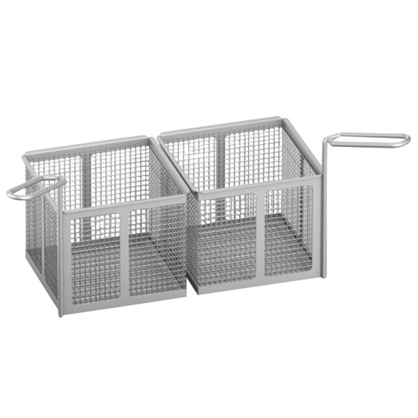 Two metal mesh baskets with handles for a Rational iVario 2-XS Tilt Skillet.