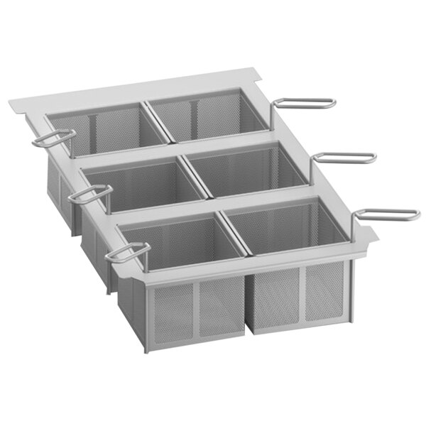 A metal grid with six compartments and two handles.