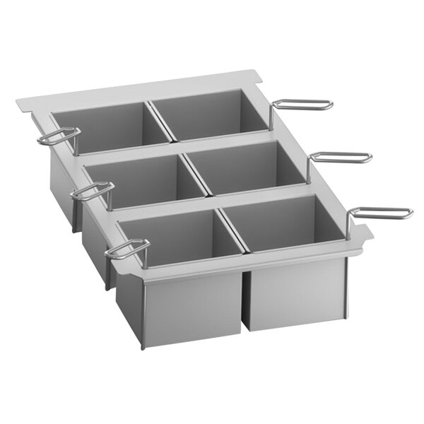 A stainless steel Rational portion basket with 4 compartments.
