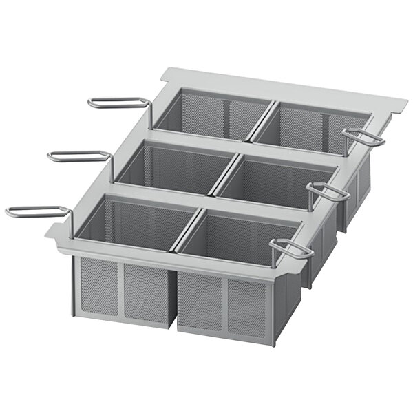 A metal mesh container with six compartments and a frame.