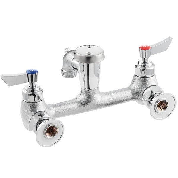 A silver Waterloo wall-mounted mop sink faucet with red and blue knobs.
