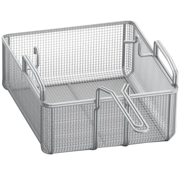 A Rational stainless steel wire basket with handles.