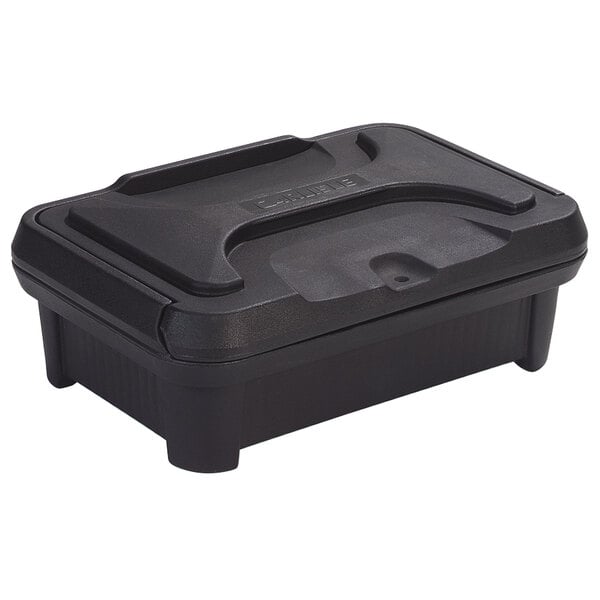 A Carlisle black plastic food pan carrier with sliding lid.