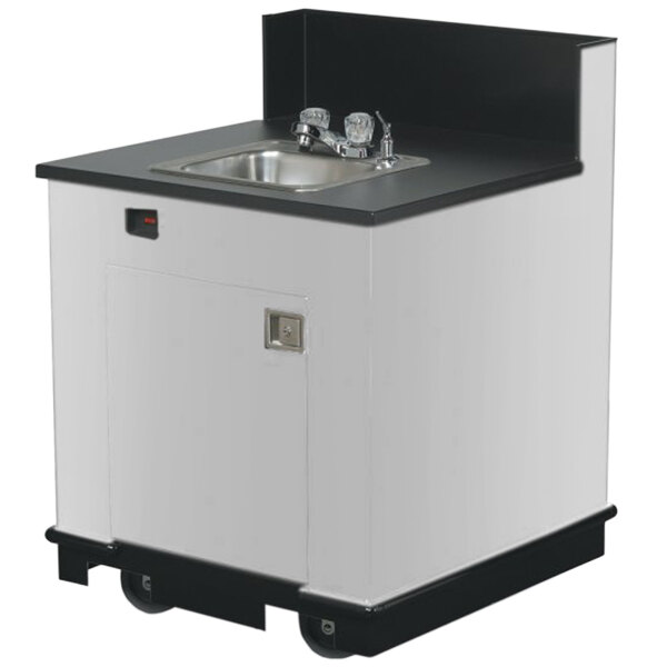 A white and black Vollrath double bay mobile hand sink cart.