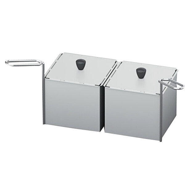 Two stainless steel Rational portion baskets with lids and handles.