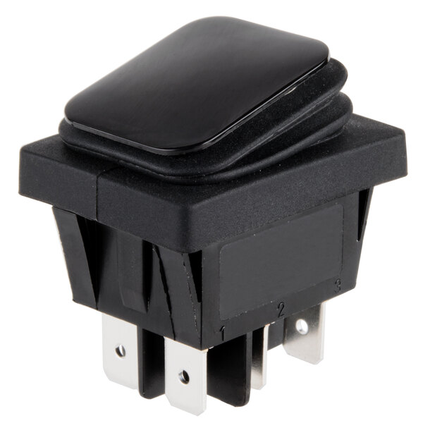 A black rectangular Main Street Equipment Water-Proof Rocker Switch with a black cover.