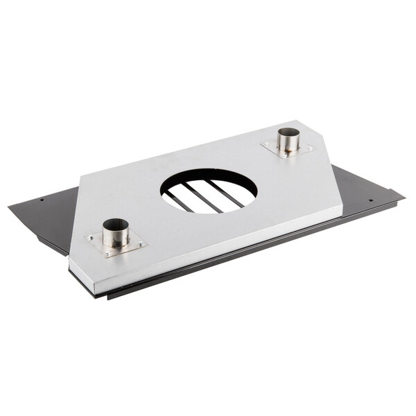 A metal rectangular fan cover with holes.