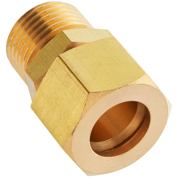 A gold metal Main Street Equipment gas pipe fitting with a nut.