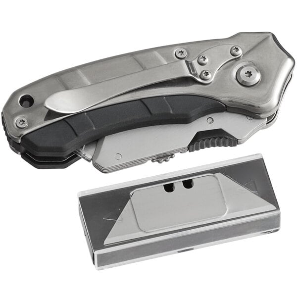 A black and silver Olympia Tools Turbofold utility knife with 5 blades.