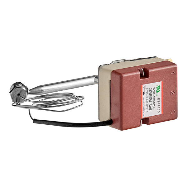 An Avantco thermostat with red and white wires attached.