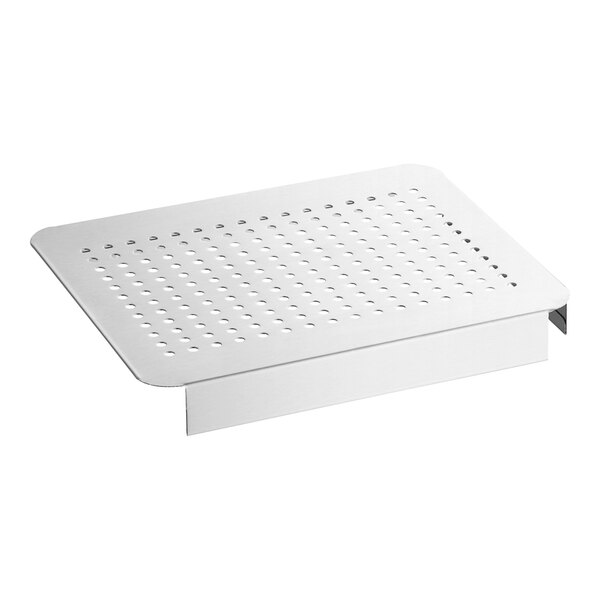 A white rectangular metal shelf with holes.