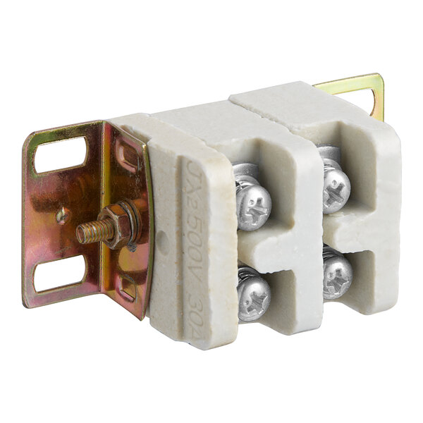 A white plastic terminal block with screws.