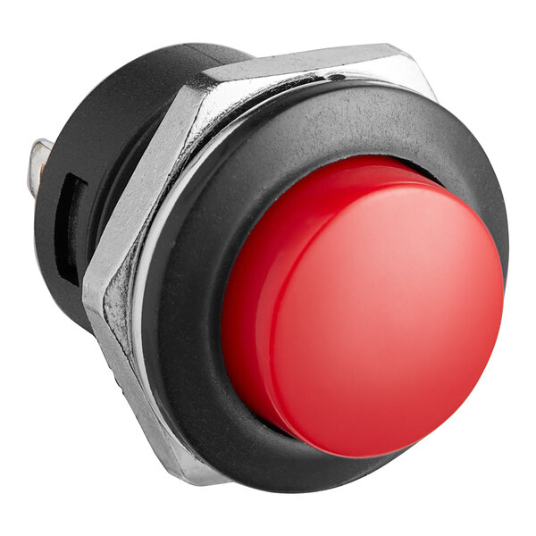 An Avantco water inlet switch with a red push button on a white background.