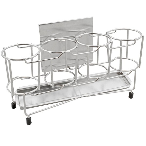 A stainless steel rack for four round squeeze bottles.