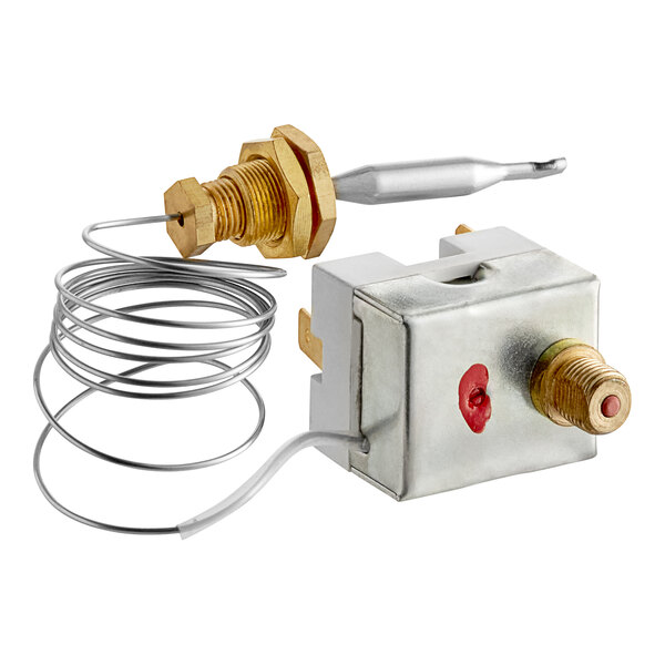 An Avantco temperature limiter with wires and a red mark on the end.