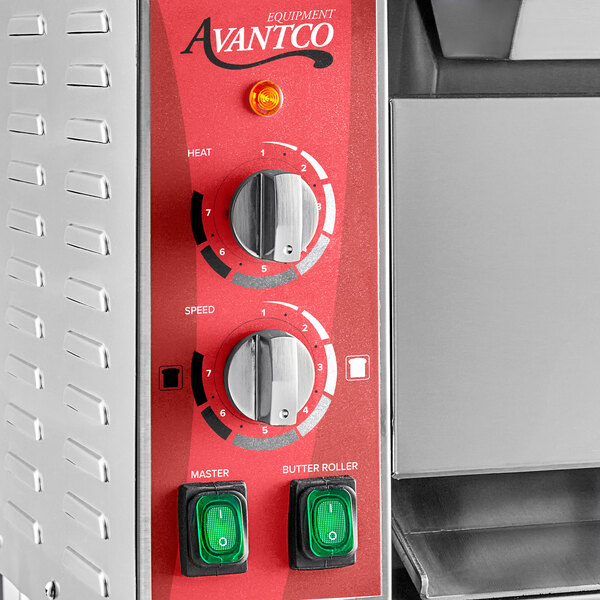 An Avantco vertical commercial bun toaster with red and silver dials.