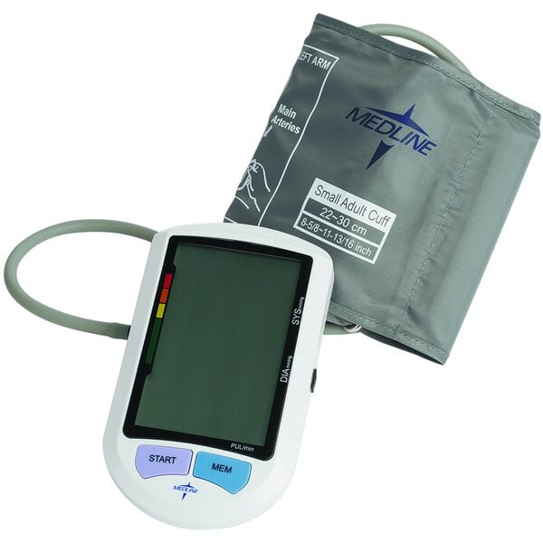 A Medline upper arm blood pressure monitor with a digital display and grey sleeve.