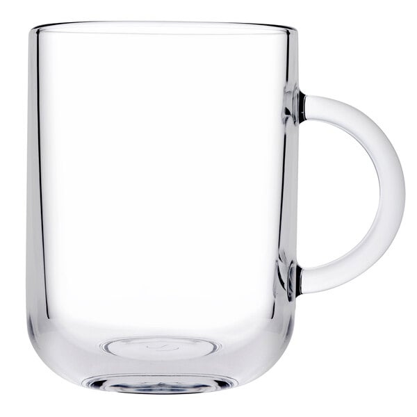 A  clear glass Pasabahce coffee mug with a handle.