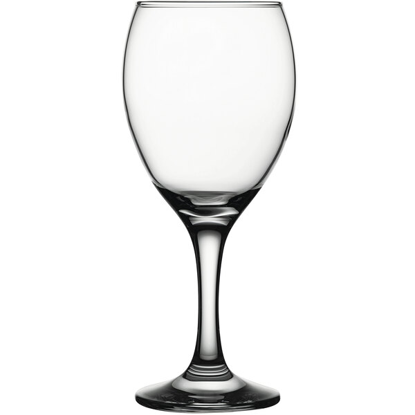 A close-up of a clear Pasabahce Imperial wine glass with a stem.