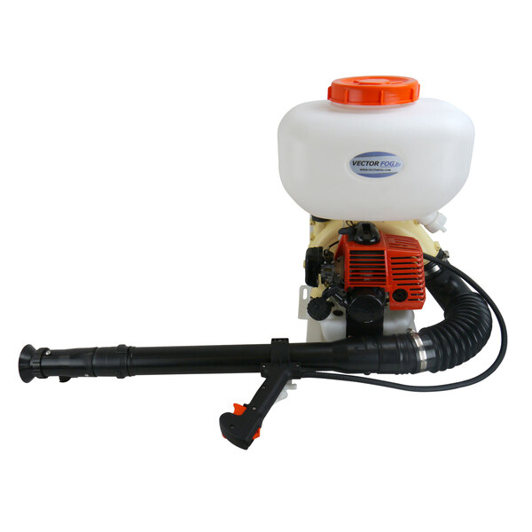 A Vectorfog BM100 gas-powered motorized backpack sprayer with a hose attached.