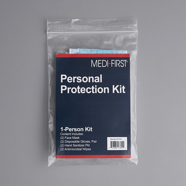 A blue and red Medique personal protection kit in a plastic bag with white text.