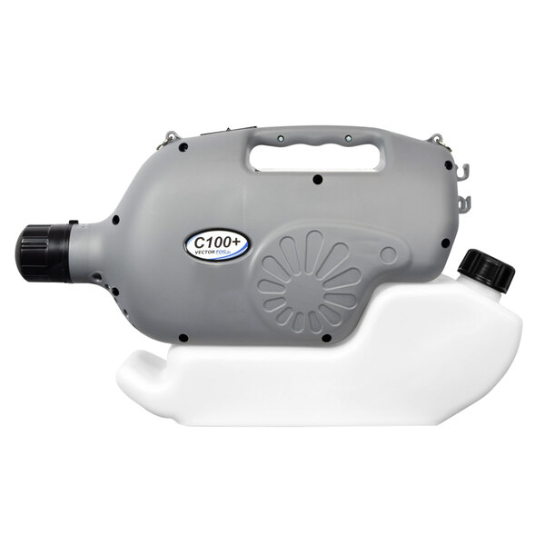 A grey and white Vectorfog C100+ electric fogger with a grey and white plastic container.