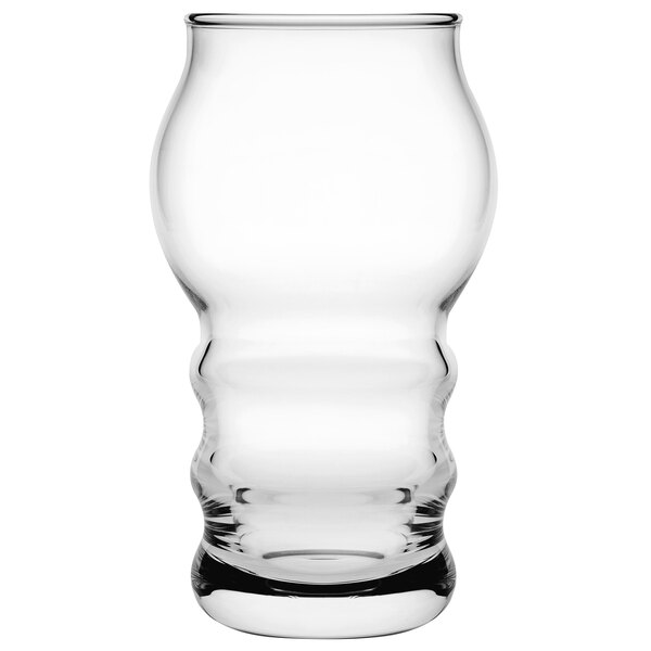 A clear Pasabahce lager beer glass with a curved rim.
