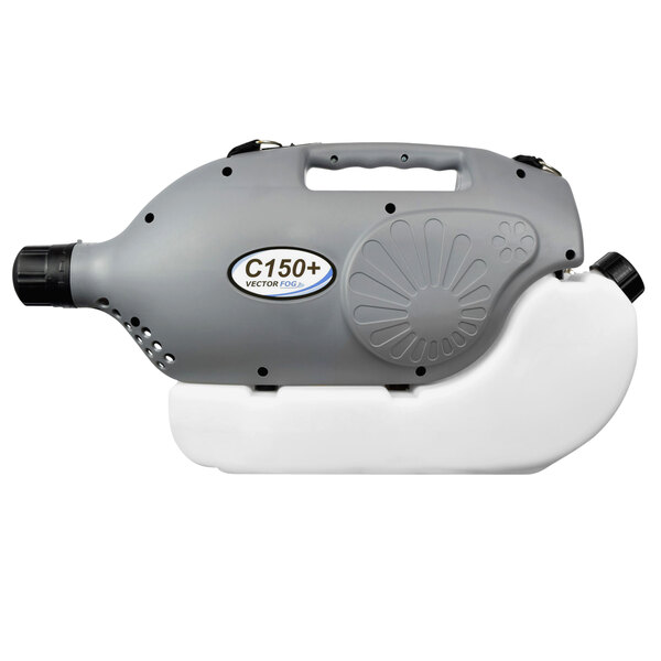 A grey and white Vectorfog C150+ corded electric fogger with a round design and a black handle.