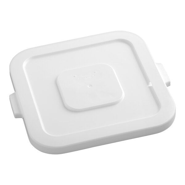 A white, square plastic lid with a raised center and side handles, designed to fit a large container.