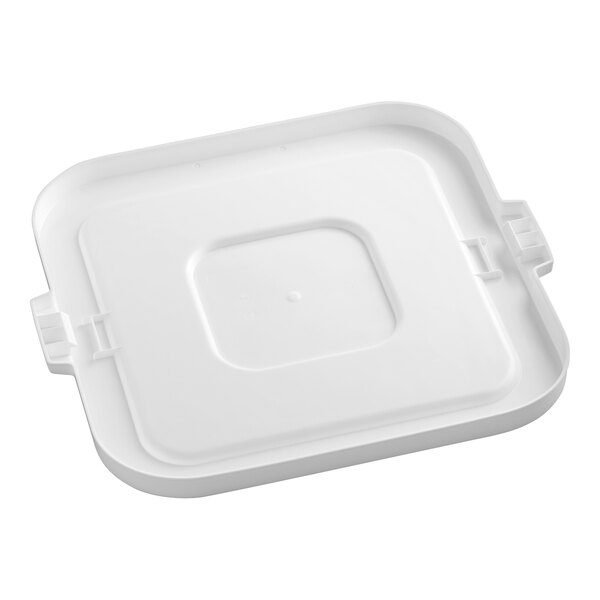 A white, square plastic lid with slightly raised edges and two side handles.