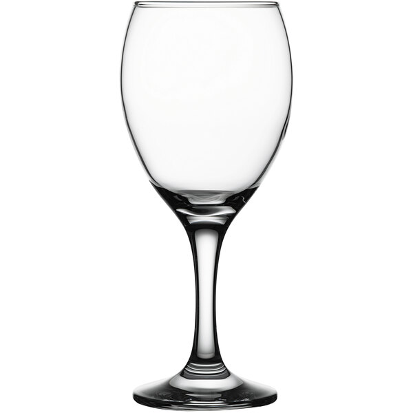 A close-up of a Pasabahce clear wine glass with a stem.
