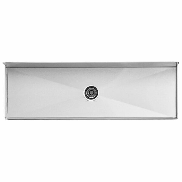 A silver rectangular stainless steel tray with a round hole in the middle.