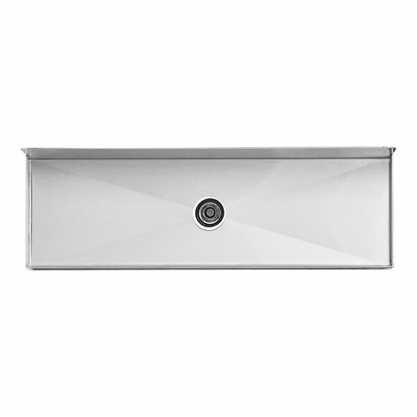 A rectangular stainless steel tray with a central circular drain opening, viewed from above.