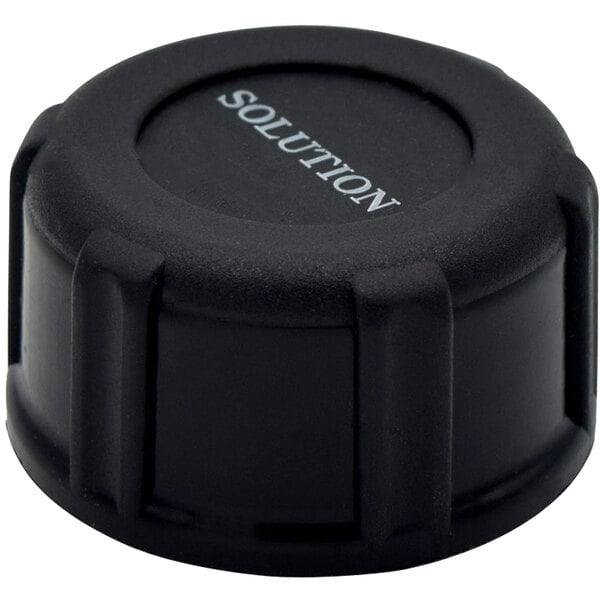 A black plastic Vectorfog solution tank cap with white text on it.