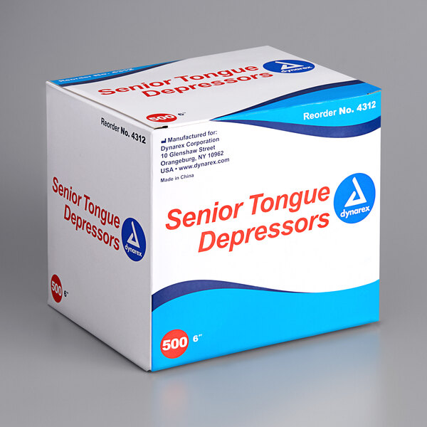 A white Medique box of tongue depressors with blue and red text.