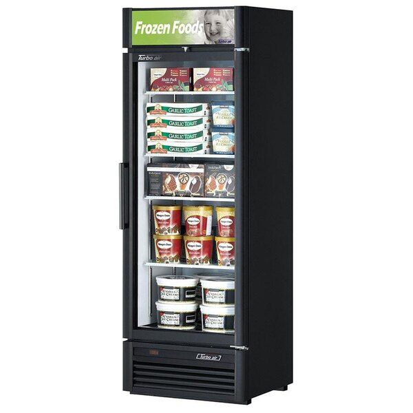 A Turbo Air black glass door merchandising freezer full of food.