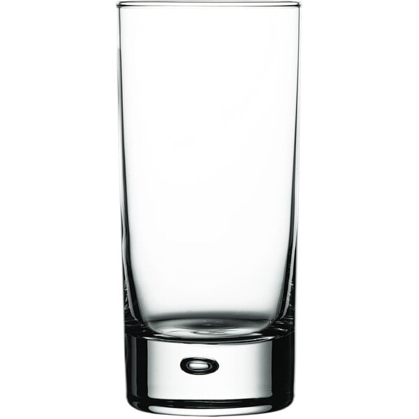 A close-up of a clear Pasabahce Centra highball glass with a black rim.