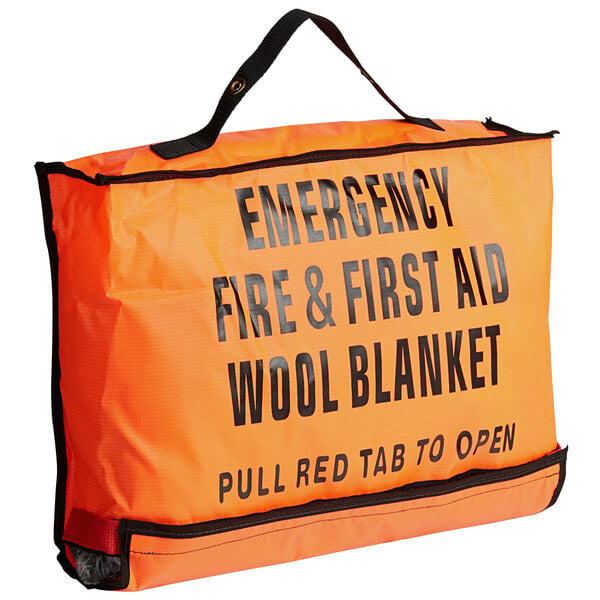 A Medique orange and black emergency fire and rescue blanket in a bag with black text.