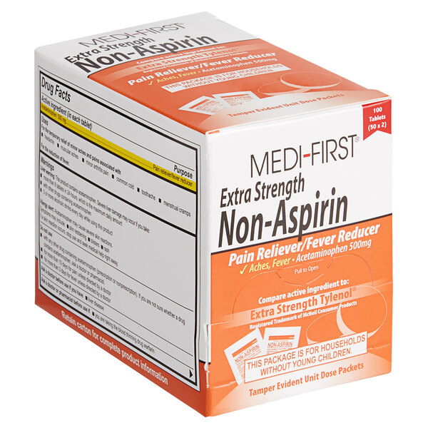 A box of Medique extra strength non-aspirin tablets.
