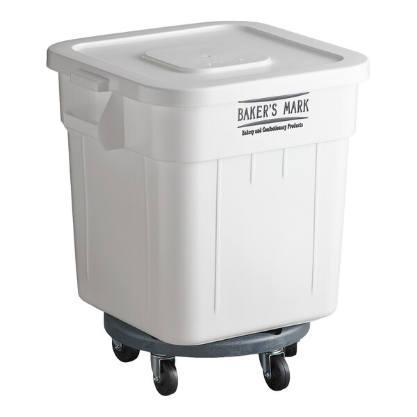 A white 32-gallon mobile ingredient storage bin with a flat lid and wheels, labeled 'Baker's Mark.'