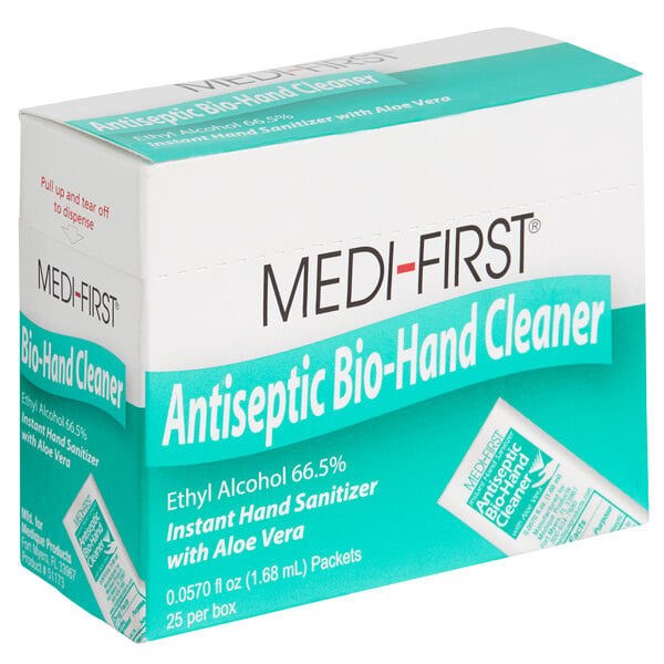 A box of 25 Medique Medi-First antiseptic hand sanitizer packs.