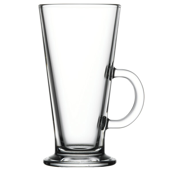 A clear glass Pasabahce Irish coffee mug with a handle.