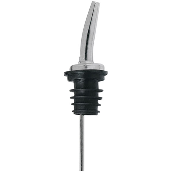 A Carlisle chrome-plated liquor pourer with a black and silver metal stopper.