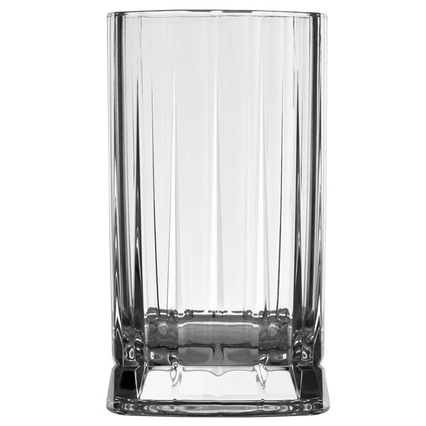 A Nude Wayne highball glass with a clear base and black rim.