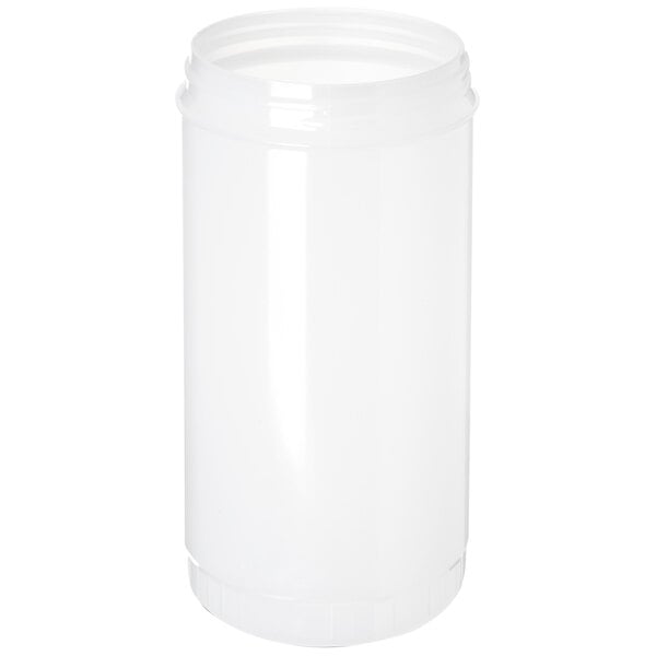 A white plastic Carlisle Store 'N Pour container with a black lid.