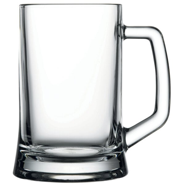 A case of 12 clear glass Pasabahce beer mugs with handles.