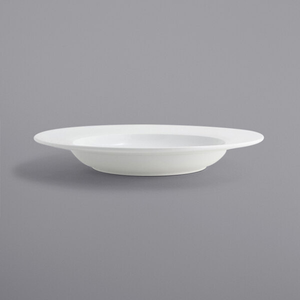 A close up of a Front of the House Monaco bright white wide rim porcelain bowl.