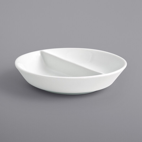 A Front of the House bright white round divided porcelain ramekin with two handles and three sections.