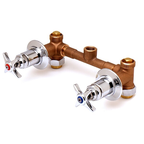 T&S B-1035 Concealed Bypass Mixing Valve with 1/2" NPT Female Union Inlets, 1/2" NPT Female Bottom Outlet, and Four Arm Handles - ADA Compliant
