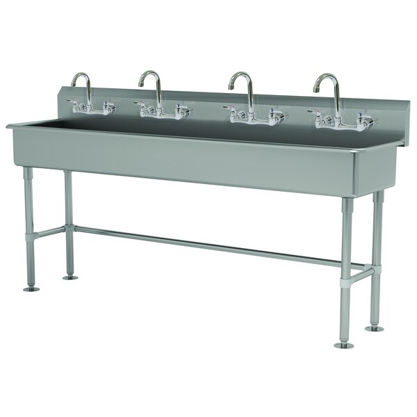 Advance Tabco FS-FM-80-F 14-Gauge Stainless Steel Multi-Station Hand Sink with Tubular Legs, 8" Deep Bowl, and 4 Manual Faucets - 80" x 19 1/2"